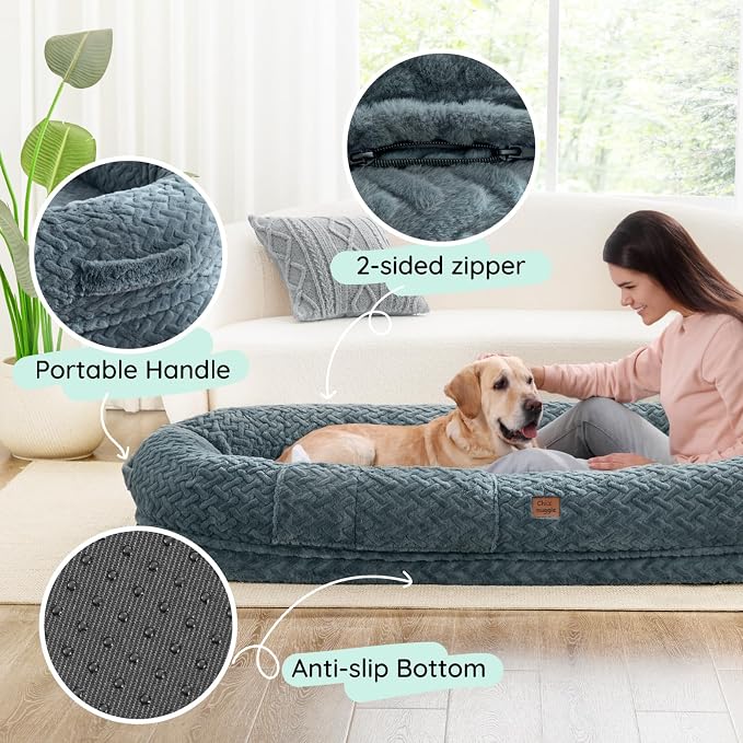 ChiXnuggle Faux Fur Washable Human Dog Bed Cover（Only Human Dog Bed） | 72*40*10,removable replace cover,soft fur,non-slip bottom,bluish grey - Image 5
