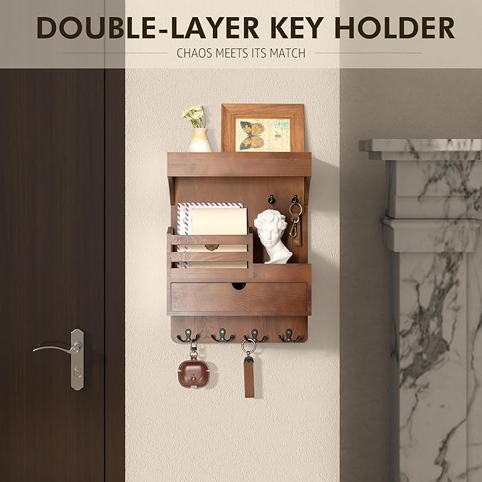 Rebee Vision Key Holder Wall Mount with Drawer Organizer for Entryway,Brown | Pine Wood, 6 Key Hooks, Display Shelf for Plants, Mail Slot for Storage Letter, Multi-Funtional Design, Home Storage - Image 4