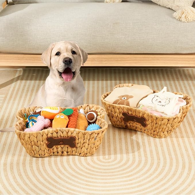 Wicker Basket for Pet Toys, 2 Pack Stylish and Natural Dog and Cat Toy Basket, Dog Storage Organizer with Bone Shape - Image 9