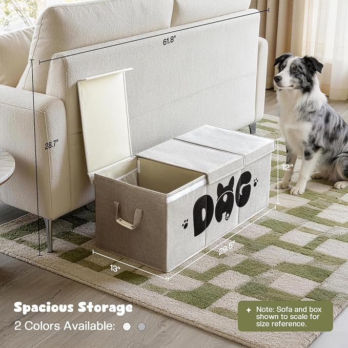 Dog Toy Basket with Lid, 3 Compartments Dog Basket for Toys, Dog Toy Box with 2 Removable Dividers, Collapsible Storage Bins for Dog Toys, Dog Storage Organizer, Gray - Image 2