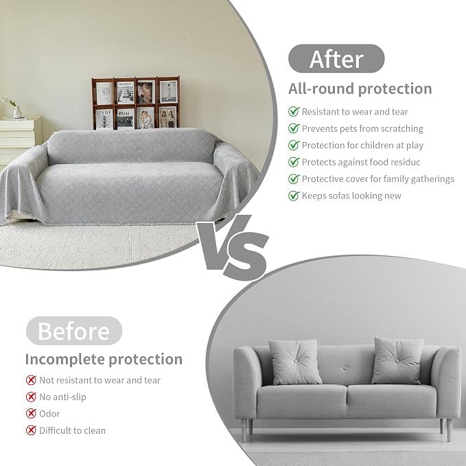 VANJOROY Grey Couch Sofa Cover for 3 Cushion Sectional Sofa L-Shape -Washable Chenille Couch Cover for Dogs Pets, Boho Couch Cover Protector Soft Sofa Slipcovers with Tassel,91"x 134" - Image 8