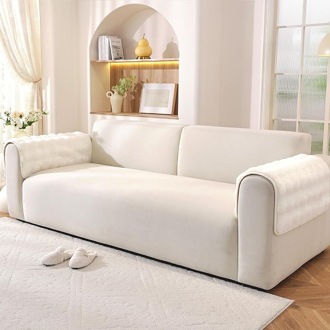 Waterproof Dog Bed Cover Non Slip Couch Covers for Dogs Washable Soft Faux Fur Sofa Cover Couch Covers for 3 Cushion Couch Sofa Pet Friendly (Off White, 24" x 24" 2 Pack) - Image 2