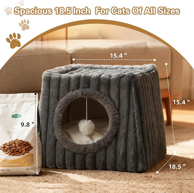 Dogpals Indoor Cat House - Large Cat Cave Bed with Fluffy Balls, Foldable Cat Bed Cave and Apartment with Pads, Suitable for Multiple Small and Large Cats, 18.5x15.4x15.4inches (Deep Grey, XL) - Image 4