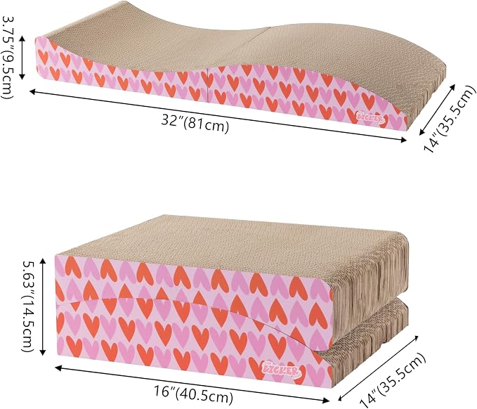 Eero 32" Modern Foldable Lounge Cat Scratcher with Catnip, Large Corrugated Cardboard Sofa Scratching Pad for Indoor Cats, Hearts, Pink CSR1011F - Image 3