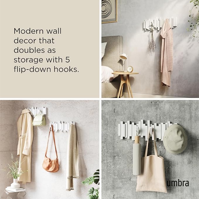 Umbra Sticks Wall Mount Coat Rack, 5 Hook Retractable Pegs, White | Mounting hardware included, sculptural modern design, entryway or bedroom use, recycled plastic - Image 4