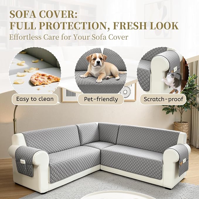 Sectional Couch Covers for Dogs 100% Waterproof Corner L Shaped Sofa Cover Pet Friendly Velvet Washable Anti Slip L Shape Modular Sofa Slipcover Protector with Pockets (Silver Gray, Large) - Image 4
