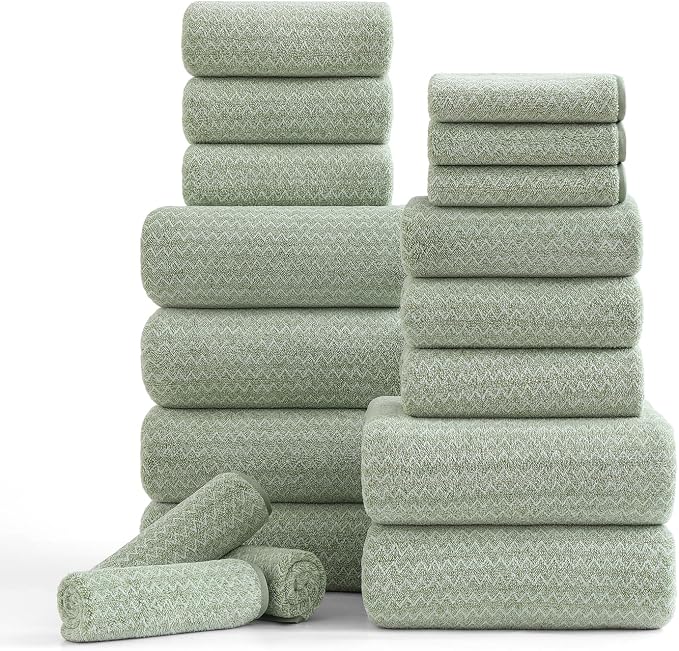 Ycosy 18 Piece Bath Towels Set,100% Microfiber Family Bathroom Towel with Hanging Loops-6 Bath Towels,6 Hand Towels,6 Washcloths,Quick Dry Highly Absorbent Shower Towel for Bathroom,Hotel,Spa-Green by Ycosy