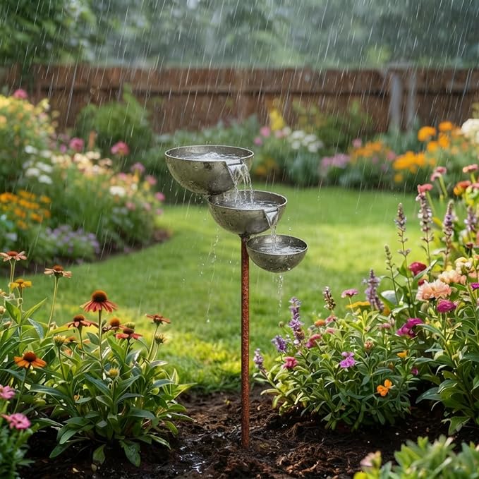 Multi-Tier Rain Catcher Garden Stake & Bird Bath for Outdoors, Rusty Metal Garden Decor Bee Watering Station, Flower Garden Stakes Bird Bath for Lawn Yard Landscaping. (Metallic Primary Colors) by Unknown
