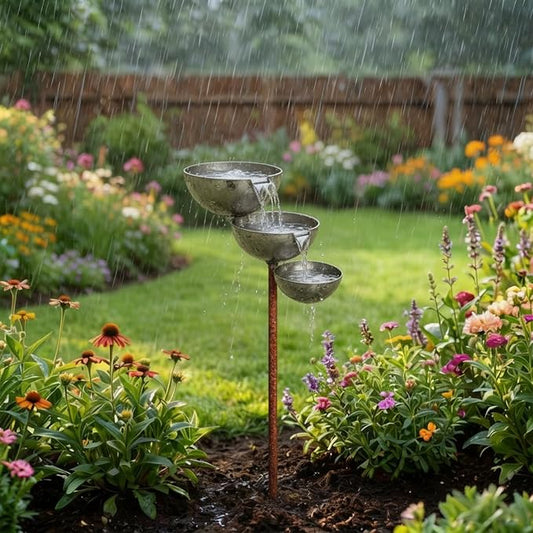 Multi-Tier Rain Catcher Garden Stake & Bird Bath for Outdoors, Rusty Metal Garden Decor Bee Watering Station, Flower Garden Stakes Bird Bath for Lawn Yard Landscaping. (Metallic Primary Colors) by Unknown