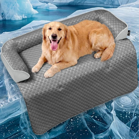 Calming Large Dog Couch Bed, Waterproof Memory Foam with Durable Fluffy Fuzzy Mats, Washable Removable Cover Protector for Sofa, Bedside, Gift, 45 x 37 Inches, Cooling Grey by blunique