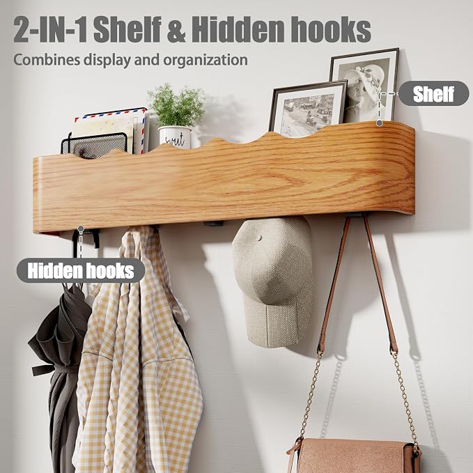 Coat Rack Wall Mount with Shelf 5 Hidden Hooks Modern Wooden Key Holder Entryway Organizer for Hallway Bedroom Bathroom Home Decor Storage for Hanging Coats Hats Bags Towels, Wave-Shape Oak - Image 2