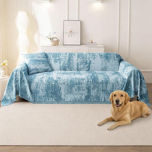 hyha Couch Cover for Dogs, Boho Chenille Sofa Cover for 3 Cushion Couch | Anti-Scratch Washable Sofa Slipcover, Loveseat Sectional Couch Throw Blankets with Tassels (Blue/White, 88.5x150 Inch) by hyha