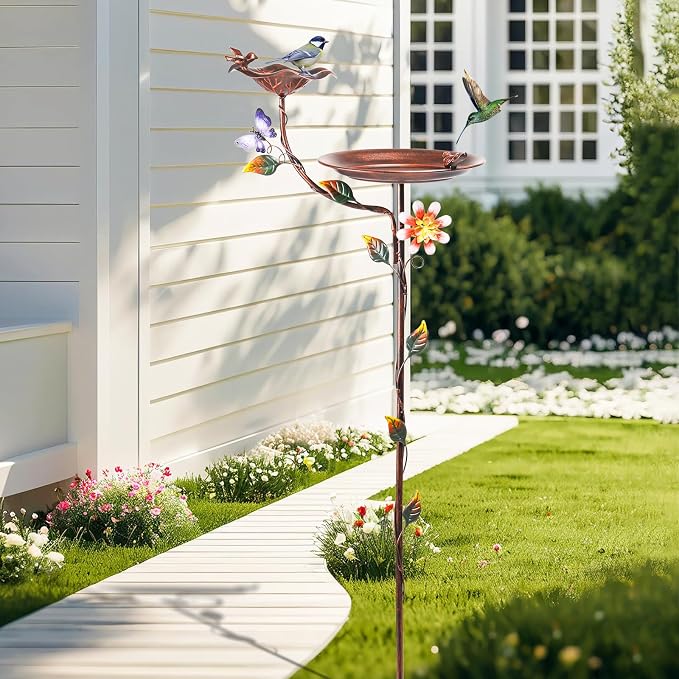 MUMTOP Bird Bath and Feeder for Outdoors, 53in Height Metal Birdbath Copper | Antique Garden Bird Feeder and Bath with Stable Metal Stake for Outside Yard Lawn Decor, Metal Garden Bird Water Station - Image 3