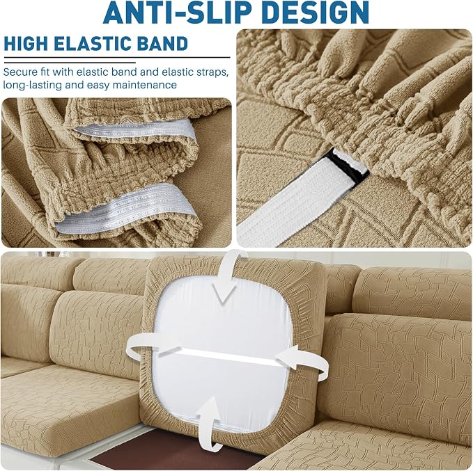 MAXIJIN Waterproof Sectional Couch Cover 4 Pieces Stretch Couch Cushion Covers for Sectional Sofa L Shape Seat Slipcovers with Elastic Bottom for Dog Pet (3 Seater + 1 Chaise, Khaki) - Image 4