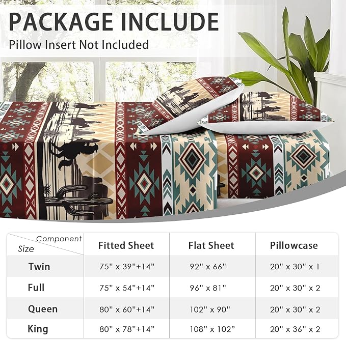 WeCozy King Size Bed Sheet Sets with Pillowcases, Tribal Cowboy Horses 4 Pcs Soft Microfiber Bedding for Kids and Adults, Retro Vintage Western Flat, Fitted Sheet for Bedroom Bed Decor - Image 6