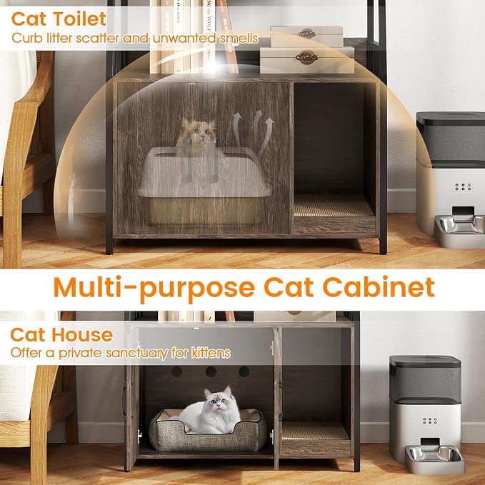 PETSITE Cat Litter Box Enclosure with Storage Shelves, 52 Inches Tall Hidden Litter Box with Charging Station, Scratching Board, and Winding Entry (Grey) - Image 6