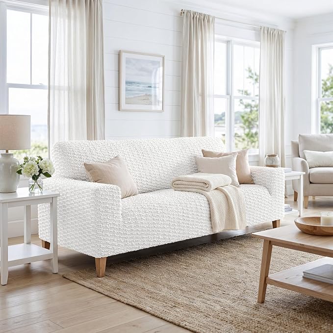 PAULTO BY GA.I.CO. Stretch Sofa Slipcovers – Soft Elastic Fabric Couch Cover for Armchair Loveseat 3-Seater & 4-Seater Sofa Cover – Non-Slip Furniture Protector Washable - Crisp White (64"-85" Wide) - Image 2
