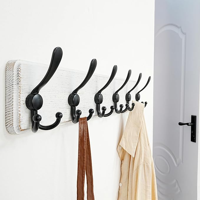 Dseap Coat Rack Wall Mounted - 24" Long 6 Tri Hooks, Heavy Duty Wooden Wall Coat Hanger Coat Hook for Clothes Hat Jacket Clothing, White and Black - Image 7