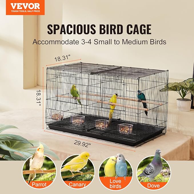 VEVOR 30-inch Flight Bird Cage, Stackable Divided Small Parakeet Cage for Parrots Canaries Cockatiels Lovebirds Finches Budgies Conures Macaws Pet Travel Birdcage with Handle and Perches - Image 2