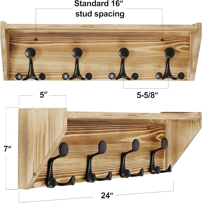 SKOLOO Wall Shelf with Hooks, 24-Inch Coat Rack Wall Mount with Shelf Organizer - Heavy Duty, 4 Tri Hooks - Perfect for Entryway, Hallway, Living Room, Bedroom, Mudroom, Wood Brown & Black - Image 2