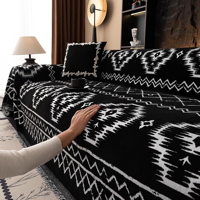 DREAMINGO Boho Couch Cover Sofa Covers for 3 Cushion Couch Jacquard Chenille Couch Cover Blanket Living Room Pet Furniture Protector Sectional Couch Covers for Dogs Washable, Black, 71"x134" - Image 7