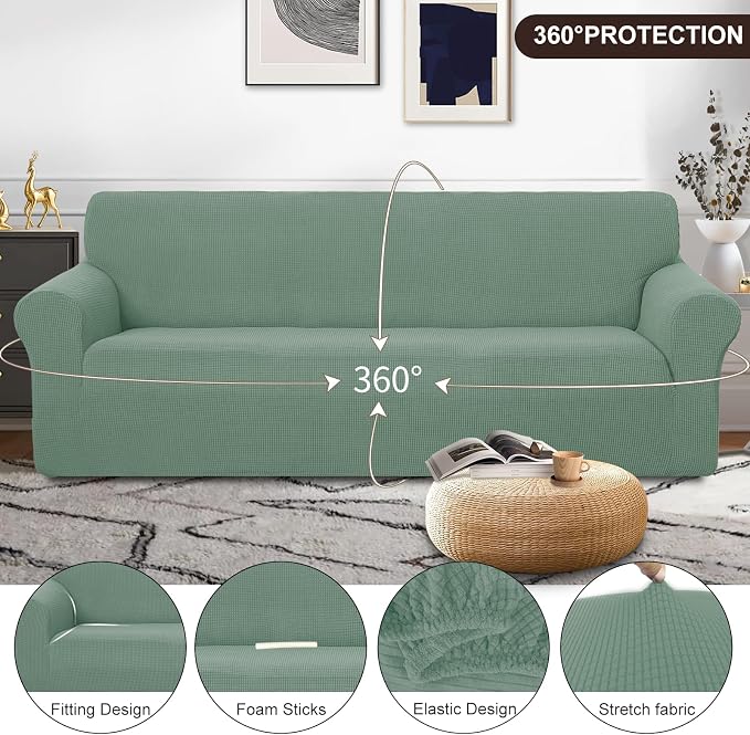 U-NICE HOME 4 Seater Stretch Couch Cover for 3 Cushion Sofa, Cyan | 1-Piece Sofa cover, Washable, Pet friendly, Furniture protector, Polyester Spandex Jacquard fabric - Image 3