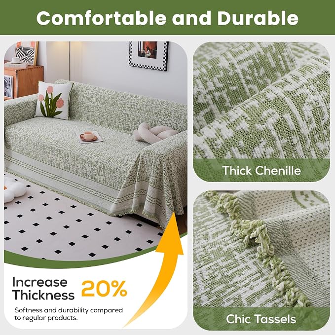 Green 71"x102" Waterproof Sectional Sofa Cover Boho Couch Protector for Pet | Anti Scratch Furniture Protector Pet Friendly Washable Soft Thick Chenille Couch Slipcover for 2-3 cushion, Sectional Sofa - Image 4