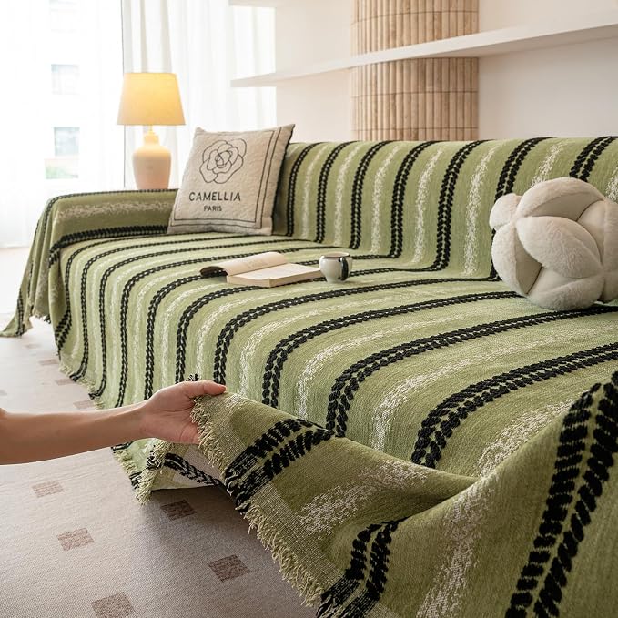 VClife Chenille Sofa Cover Bohemian Striped Pattern Couch Cover for 2 Cushion Sofa - Sage Green Black Textured Sofa Slipcover Washable Furniture Protector for Couch Decorative Couch Cushion Cover - Image 8