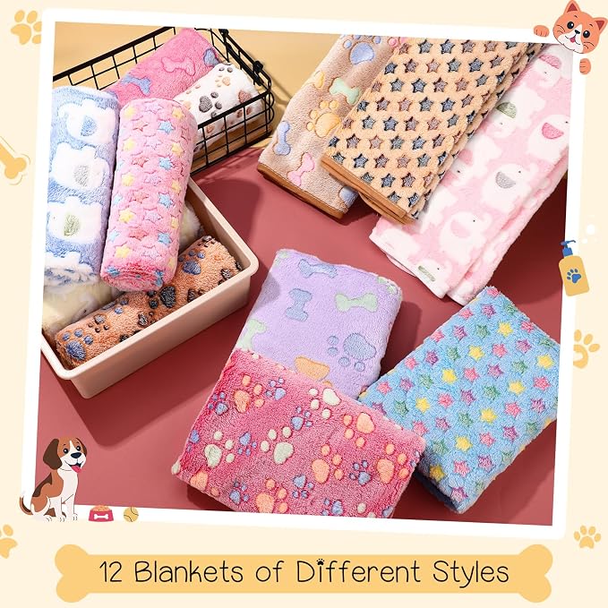 Tatuo 12 Pieces 41 x 30 Inch Dog Blanket Super Soft Warm Cat Sleep Mat Pet Kitten Doggy Fluffy Fleece Blankets with Cute Dog Paw Bone Star Elephant Patterns Printed Fluffy Blanket for Small Cat Puppy - Image 6