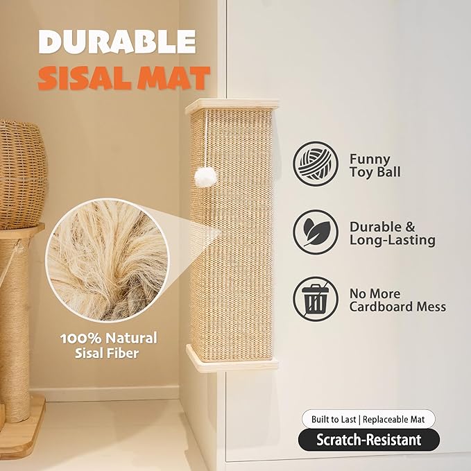 PETKARAY Sisal Corner Cat Scratcher, 22" Large Cat Wall Scratcher, Scratching Post for Indoor Cats, Wall Mounted Sisal Scratch Pad with Toy Ball - Image 3