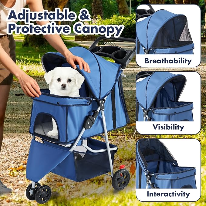 Sweetcrispy 3 Wheels Pet Stroller for Small Dogs and Cats – Foldable Dog Stroller with Mesh Windows, Storage Basket & Cup Holder, Lightweight & Durable Pet Carrier for Travel, Outdoor Use, Blue