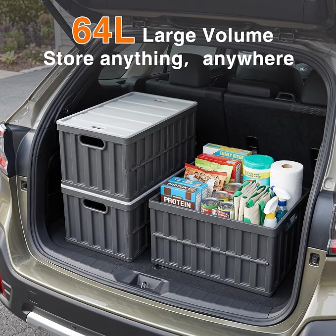 Citylife 64L Collapsible Storage Bins with Lids Plastic Storage Containers for Organizing Stackable Storage Box Large Heavy Duty Utility Crates, 4 Packs - Image 2
