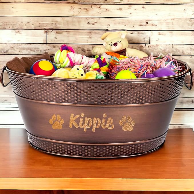 BREKX Personalized Metal Dog Toy Bin - Copper Galvanized Storage Bin with Handles, Basket for Pet Toys, Dog Toy Box, Pet Storage - Custom Dog Name Gift - Image 3