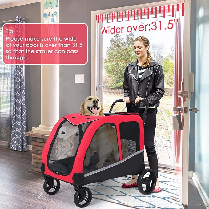 Stroller for Large Dogs, Extra Large Pet Stroller for Medium 2 Dogs, Dog Wagon, Dog Carriage, Foldable Design, Adjustable Handle, with Pocket, Up to 160 lbs, Red