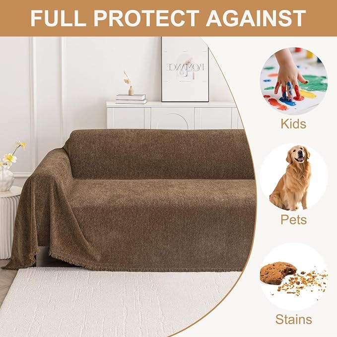 Smiry Couch Cover for Dogs, Chenille Sofa Covers for 3 Cushion Couch | Washable Soft Sofa Slipcover for Pets, Thick Sectional Furniture Protector with Tassels (Chocolate, 71x102 Inch) - Image 3