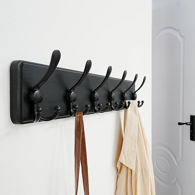 Dseap Coat Rack Wall Mounted - 24" Long 6 Tri Hooks, Heavy Duty Wooden Wall Coat Hanger Coat Hook for Clothes Hat Jacket Clothing, Black, Pack of 2 - Image 5