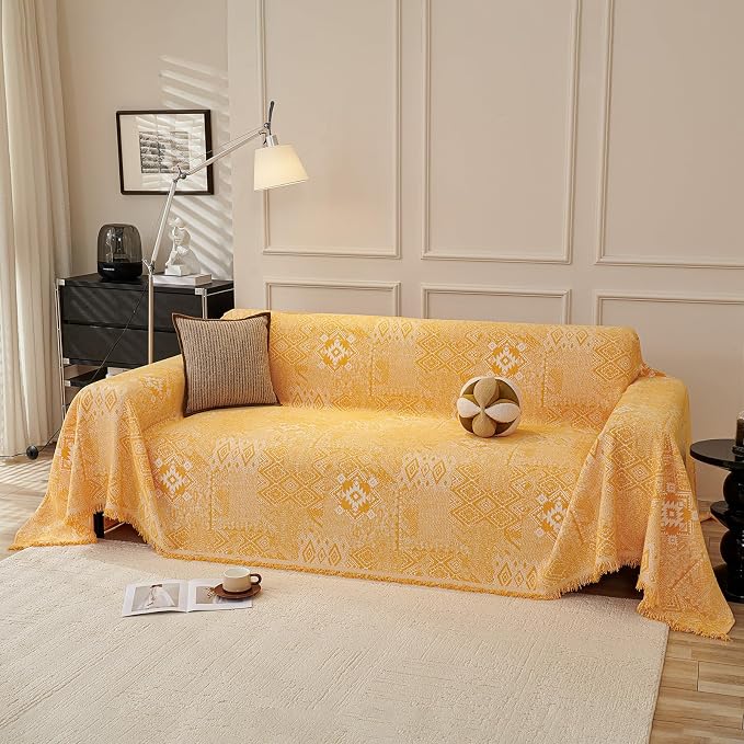 DREAMINGO Couch Cover - Geometric Jacquard, Yellow, Boho Vintage Loveseat Couch Covers for Dogs Washable, Chenille Furniture Protector Sectional Sofa Slipcovers 2 Seater, Large 71"x118" by DREAMINGO