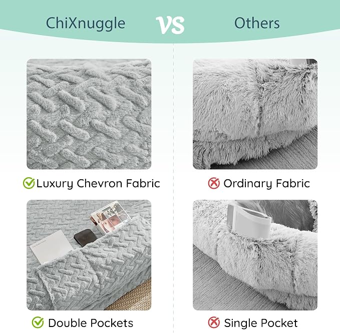 ChiXnuggle Orthopedic Human Dog Bed,with Faux Fur Washable Cover,Blanket | light grey,72*40*10,giant dog bed for adult or extra large dogs,egg crate foam,non-slip bottom - Image 4