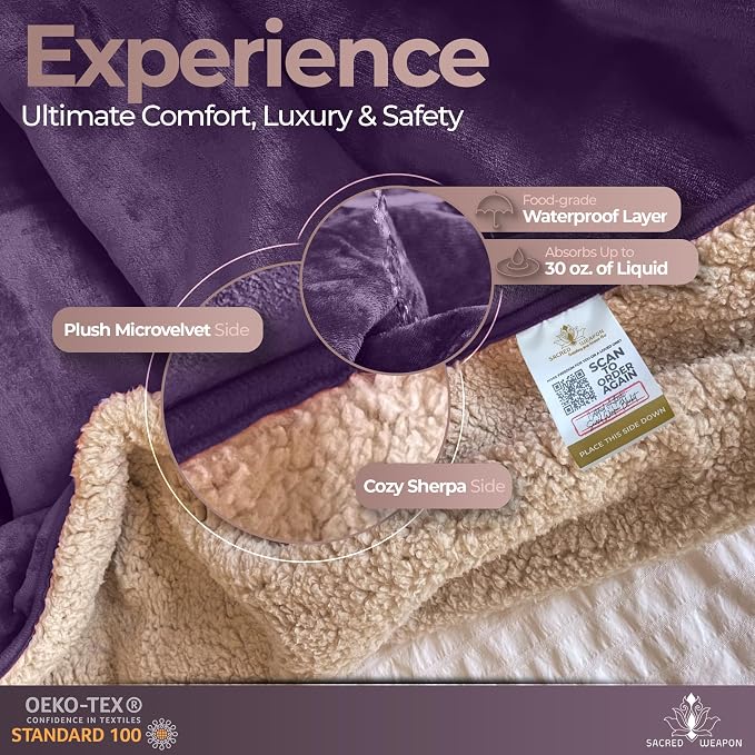 Sacred Weapon Waterproof Blanket for Bed – Mattress Protector - Jet Splash Water Proof Towel, Throw, Pad, Mat, Cover - Period Blanket | Washable | Queen & King Size Beds | Purple 80x80 - Image 6