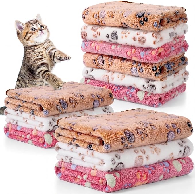 Tegeme 12 Pcs Pet Blankets 23 x 16 Inch Soft Fluffy Fleece Dog Cat Warm Paw Print Pattern Blankets Flannel Throw for Pets Dog Puppy Cat(Pink,Beige,Camel) by Tegeme