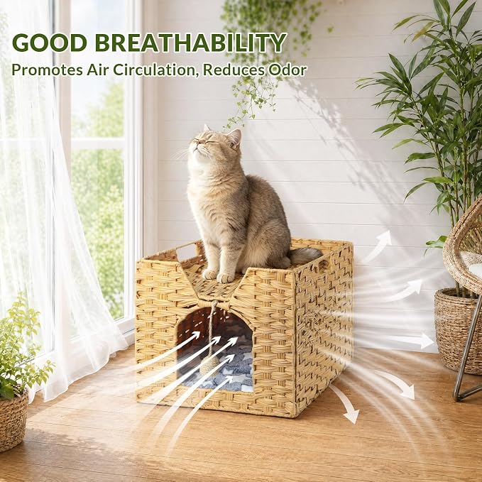 Handwoven Rattan Cat Bed Indoor Kitten, Cat Bed Cave with Cushion, Sisal Ball & S-Shaped Hooks, Foldable Hideaway Cat House for Bedroom Living Room, Natural - Image 7