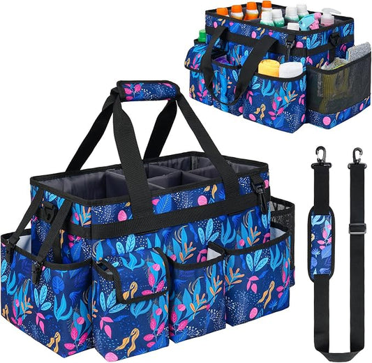 Cleaning Organizer, Large Caddy Bag for Supplies, Housekeeper's Bag with Handle (Blue Leaf) by ZIOZERTT