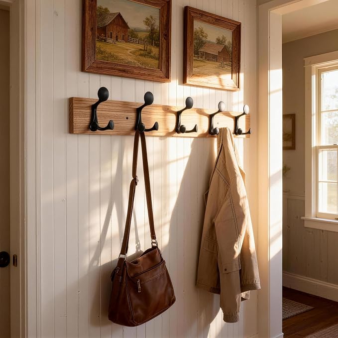 SKOLOO 30-Inch Wood Coat Rack Wall Mount with 5 Triple Hooks - Ideal for Family Entrances, Classrooms, and Pet Supplies Storage - Perfect Coat Hooks for Wall, Black on Natural - Image 2