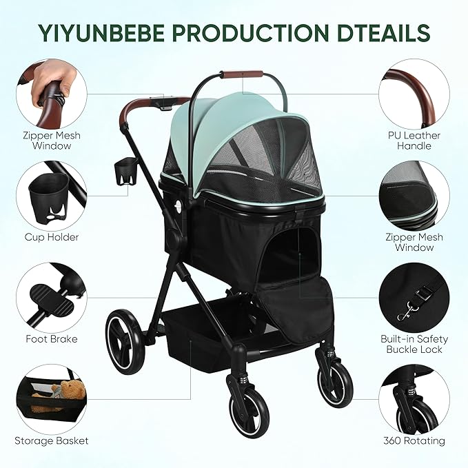 Foldable Dog Stroller, 3 in 1 Pet Stroller for Small Medium Dog Cat up to 50lbs, Detachble Portable Pet Bag, Storage Basket and One-Button Folding Frame