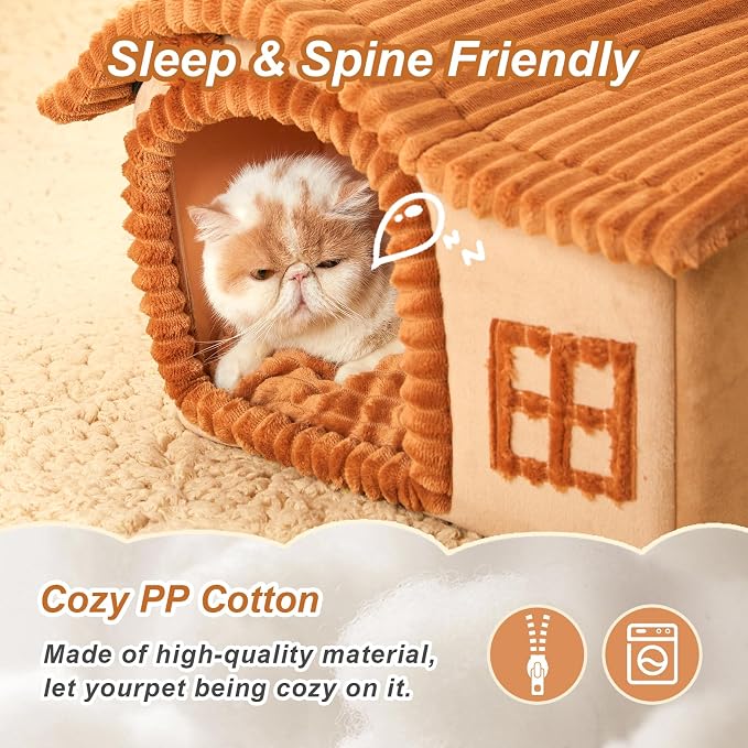 Jiupety Bear Cat Houses for Indoor Cats, Chimney Cute Cat Bed Cave, Enough Interior Space, Cartoon Soft Pet House Up to 3-10 lbs Kitten, Brown - Image 3