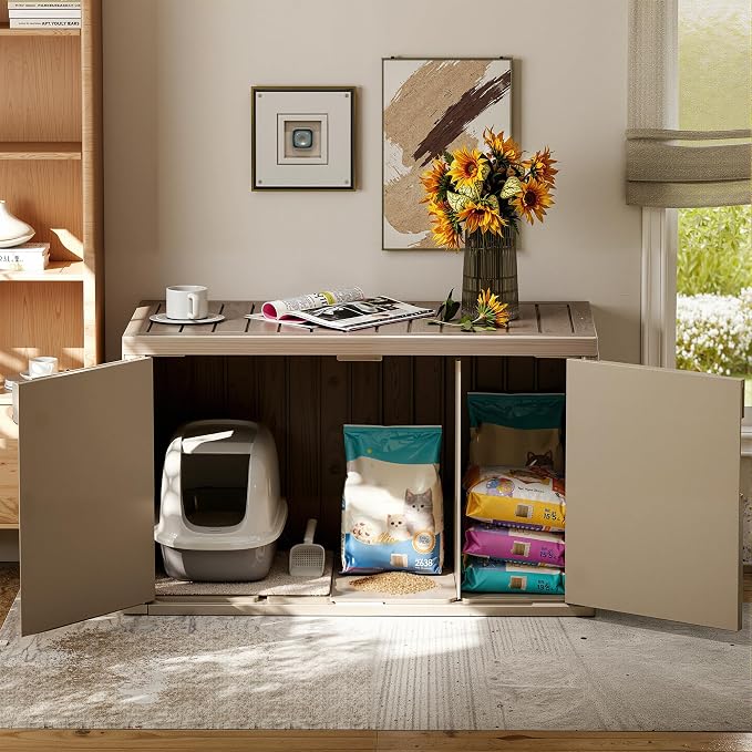Cat Litter Box Enclosure,Multi-Functional Hidden Litter Box Furniture Cabinet with Adjustable Partition & Side End Table, Indoor Outdoor Cat House with Double Doors,Easy to Clean & Assemble, Gray - Image 7