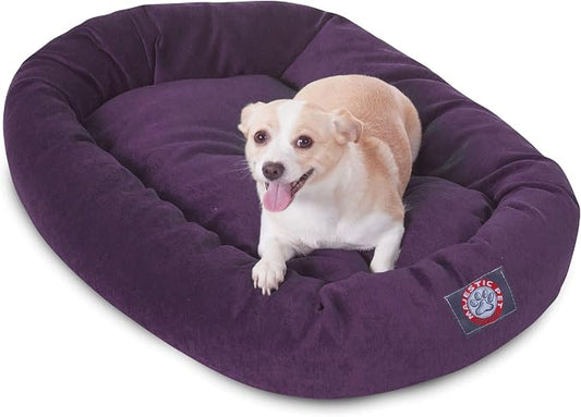 Majestic Pet 32 Inch Micro Velvet Calming Dog Bed Washable – Cozy Soft Round Dog Bed with Spine for Head Support - Fluffy Donut Puppy Mat 32x23x7 (inch) Medium – Aubergine by MajesticPet
