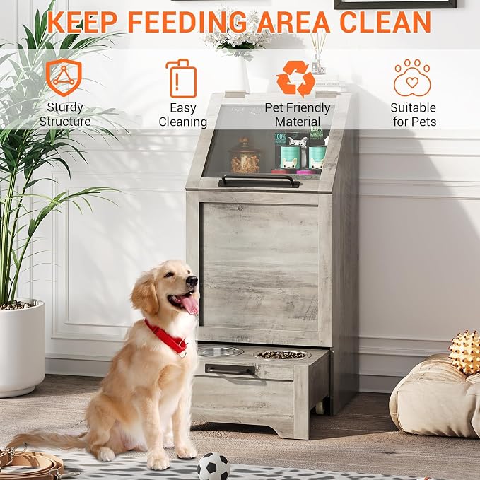 Dog Feeding Station, with Pet Feeding Station,Flip Top Dog Food Storage Cabinet, 2 Elevated Bowls, Includes 3 Hooks for Accessories – Space-Saving Design, Grey - Image 7