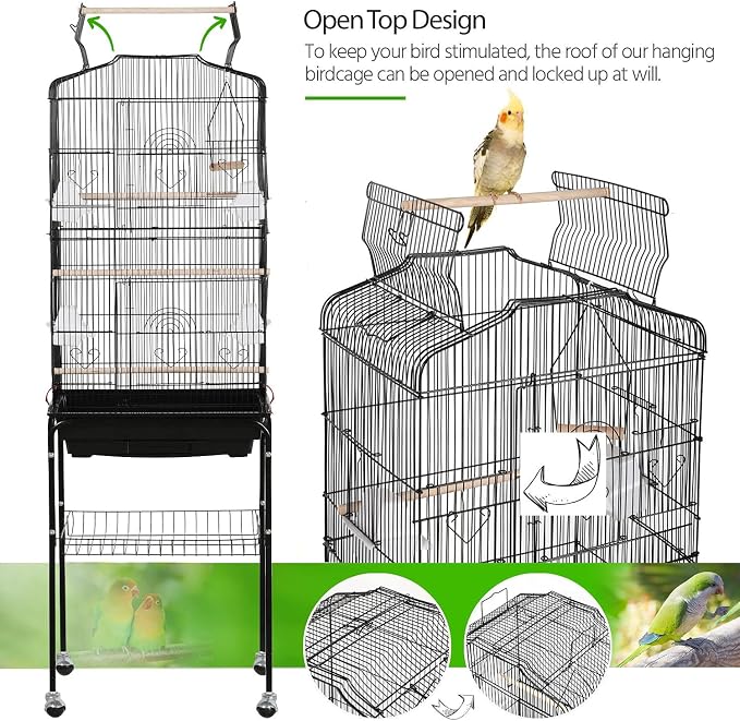 Yaheetech 64'' Open Top Bird Cage for Parakeets & Cockatiels, Black | Detachable Rolling Stand, Easy-clean Slide Tray, Multi-door Access, 3/8" Bar Spacing, Indoor/Outdoor Use - Image 4