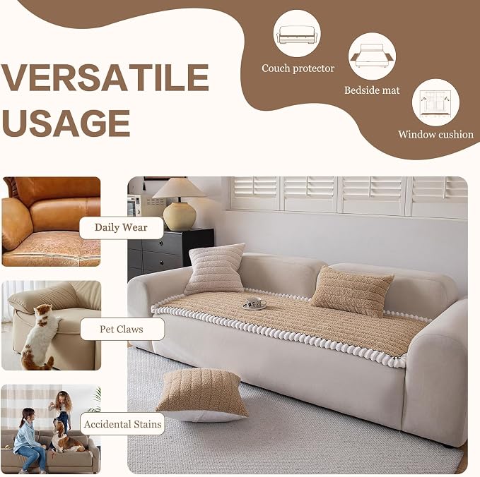 DREAMINGO Non Slip Couch Cover for Dogs Fuzzy Pet Sofa Covers Washable Thick Plush Sofa Slipcover Striped Texture Khaki Cushion Protector Dog Cat Bed Mat 27.6x82.7 Inch - Image 5